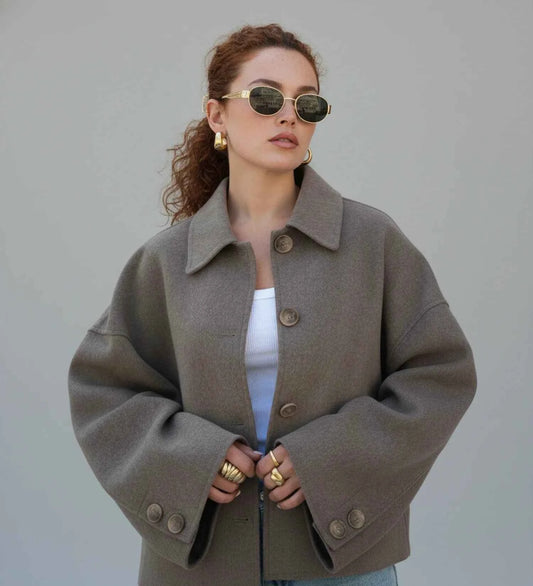 Women's Oversized Cropped Double Breasted Pea Coat Jacket Taupe