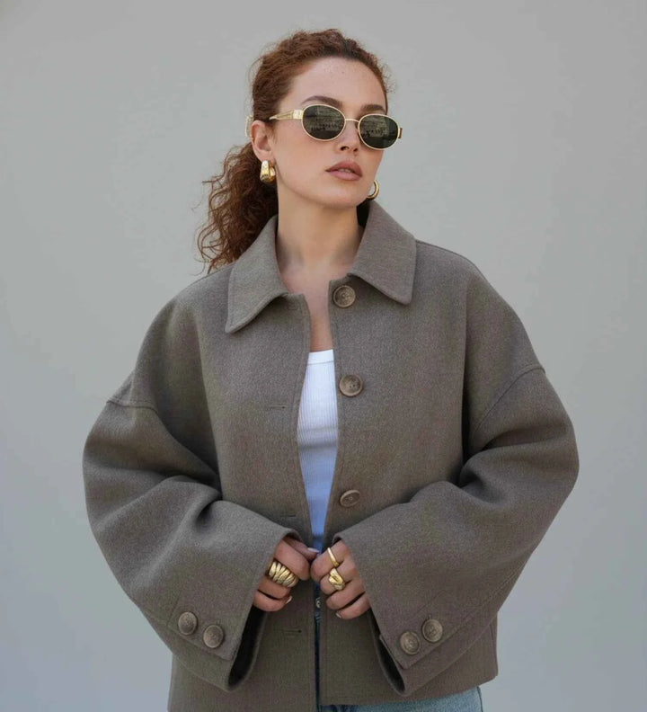 Women's Double-Breasted Cropped Pea Coat Taupe