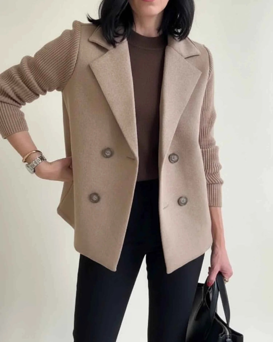 Women's Double Breasted Knit Sleeve Blazer Jacket Khaki