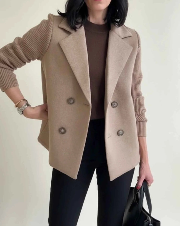Women's Double Breasted Knit Sleeve Blazer Jacket Khaki