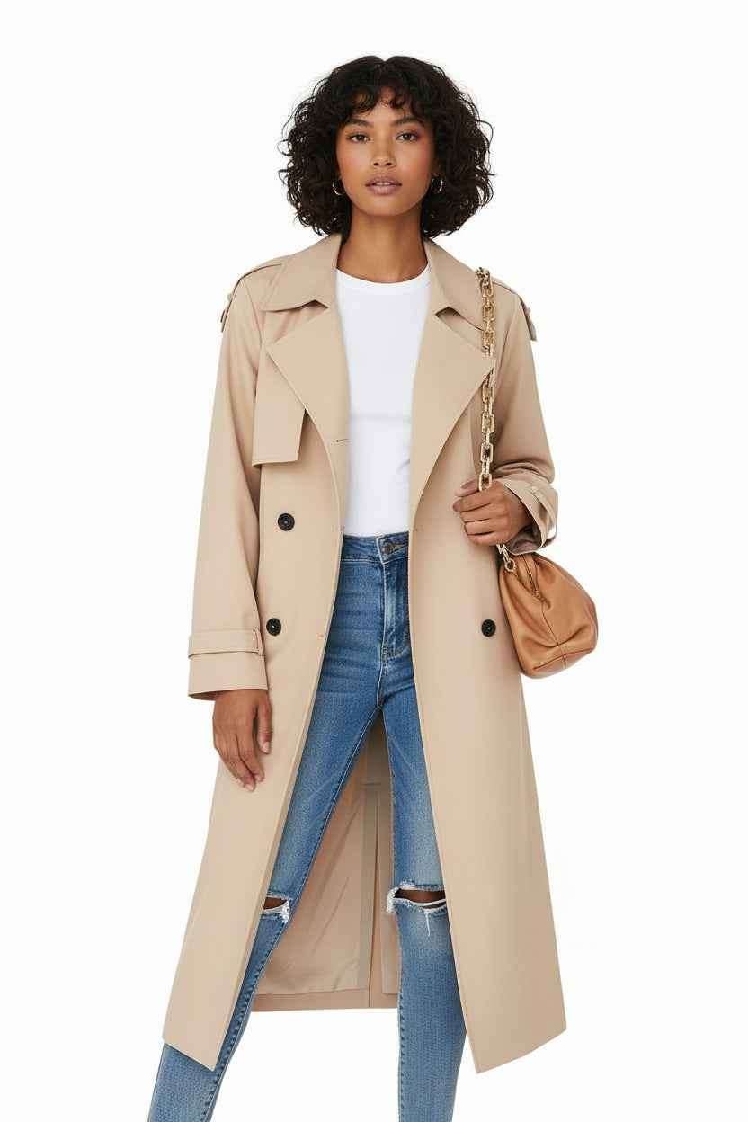 Women's Double-Breasted Long Trench Coat Khaki