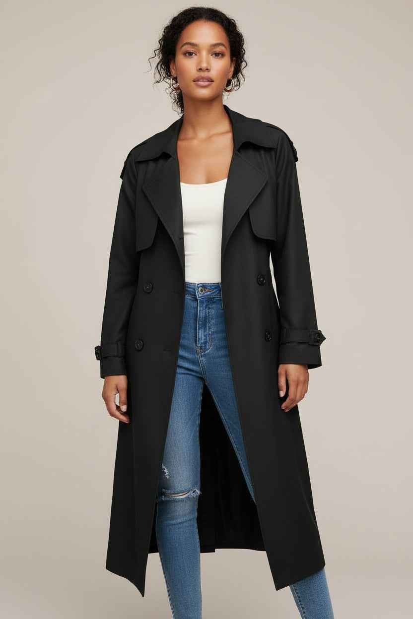 Women's Double-Breasted Long Trench Coat Black