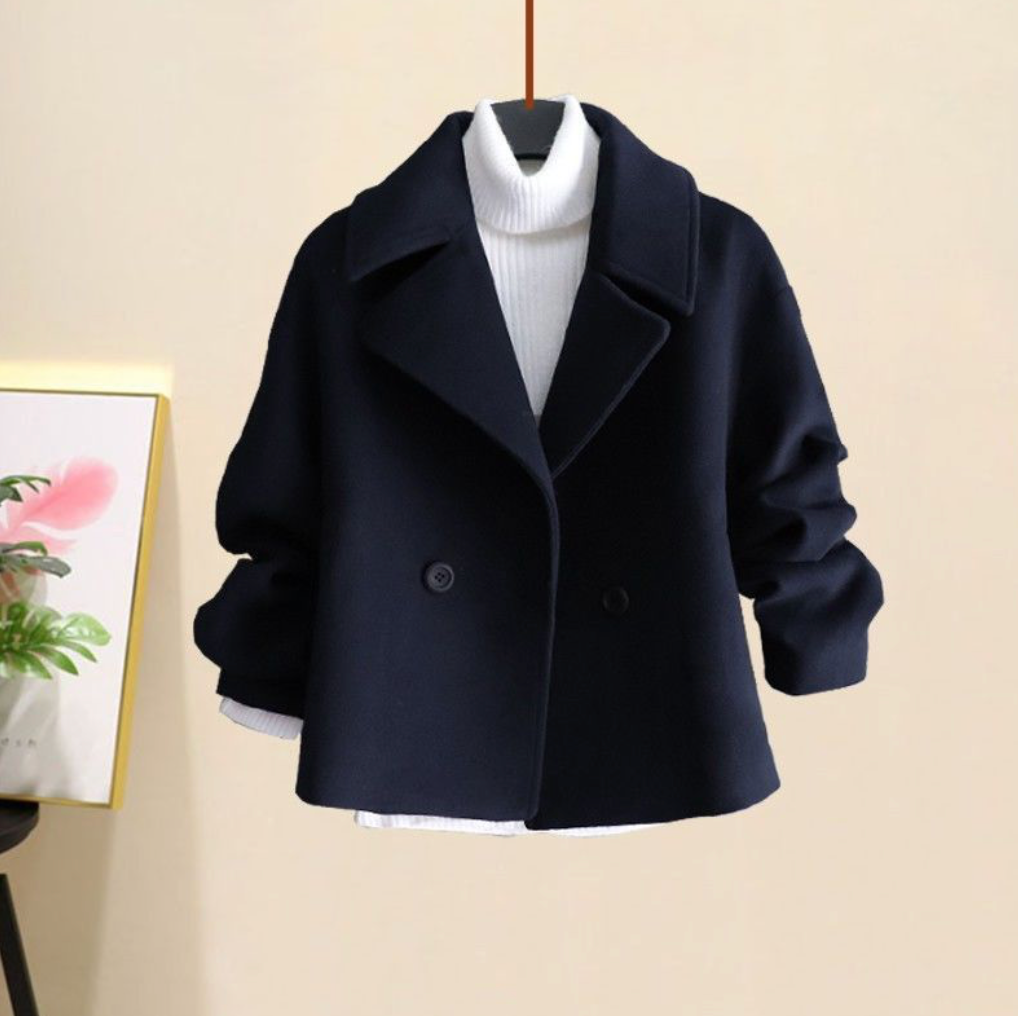 Women's Double-Breasted Peacoat – Tailored Wool Blend – Classic Style Navy Blue