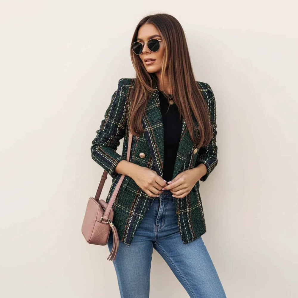 Women's Double-Breasted Plaid Blazer Jacket Green