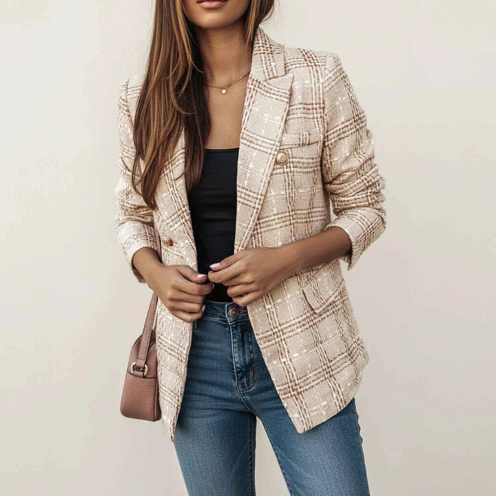 Women's Double-Breasted Plaid Blazer Jacket Khaki