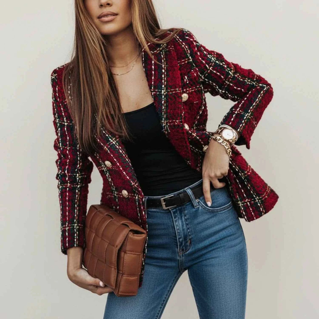 Women's Double-Breasted Plaid Blazer Jacket Red