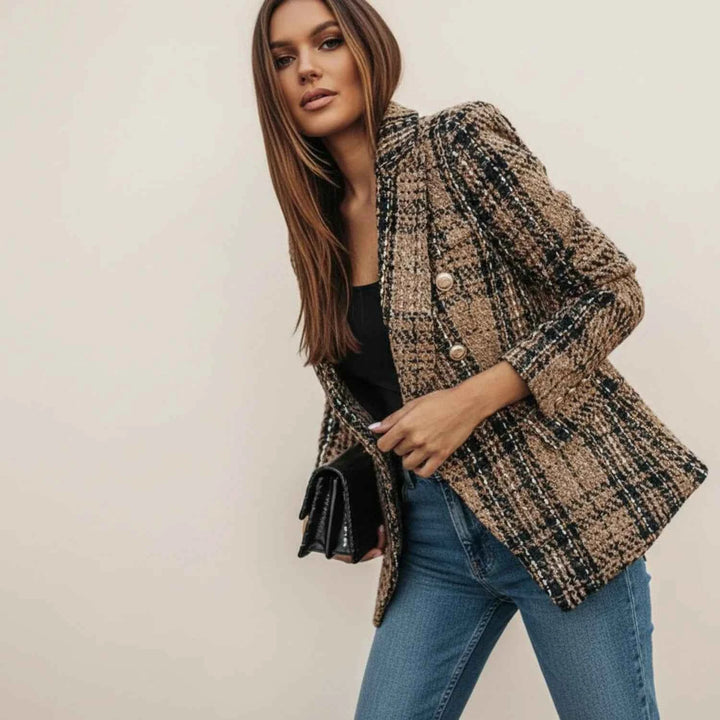 Women's Double-Breasted Plaid Blazer Jacket Brown