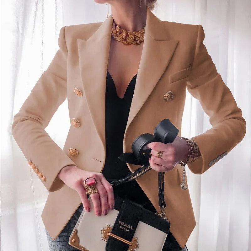 Women's Double-Breasted Tailored Blazer Jacket Khaki