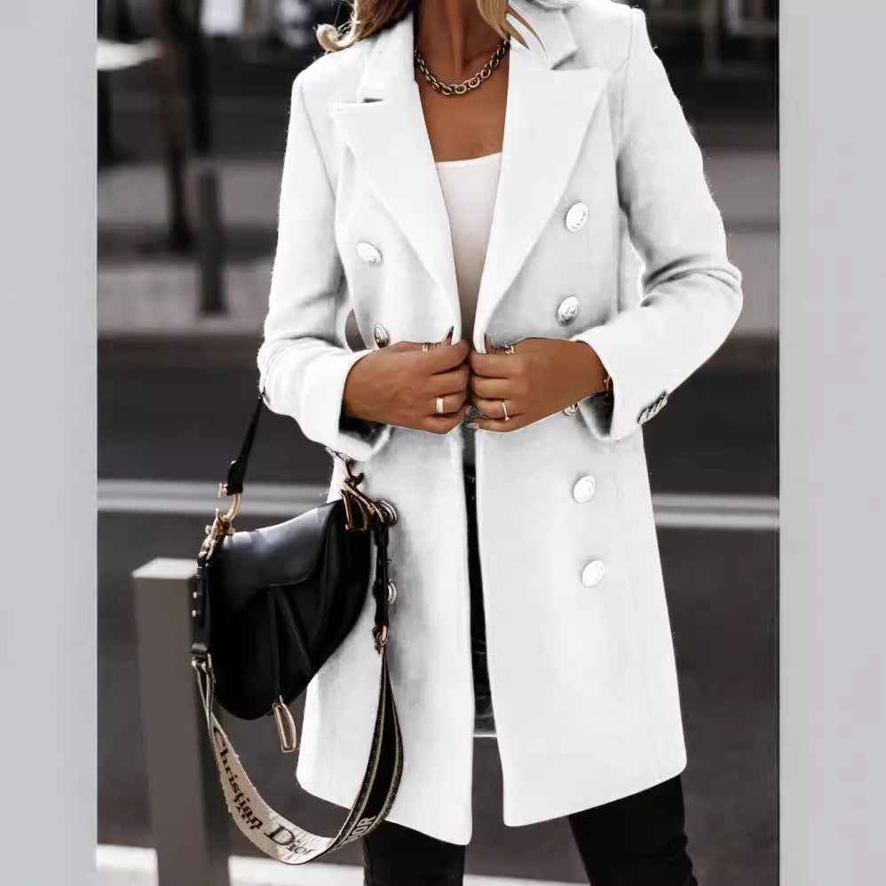 Women's Double-Breasted Tailored Coat with Metal Buttons and Long Sleeves White