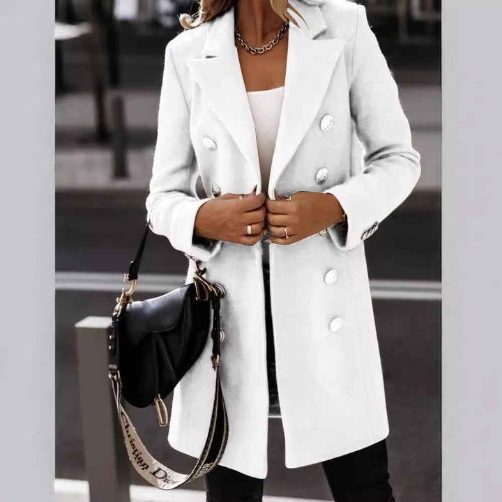 Women's Double-Breasted Tailored Coat with Metal Buttons and Long Sleeves White