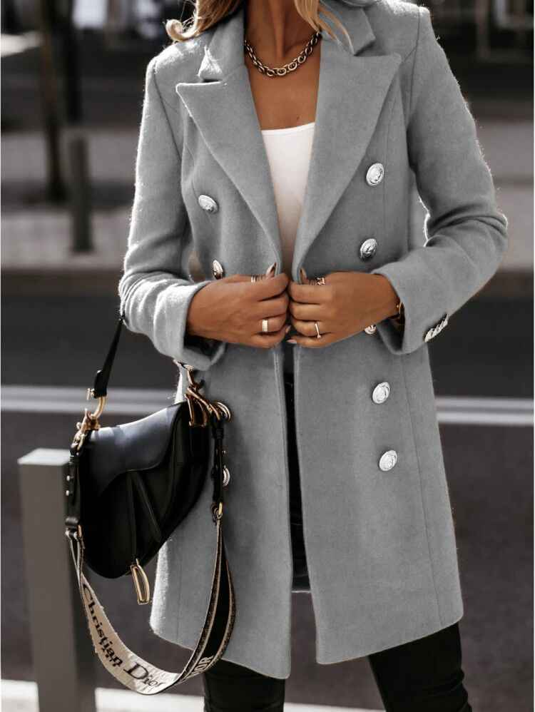 Women's Double-Breasted Tailored Coat with Metal Buttons and Long Sleeves Grey