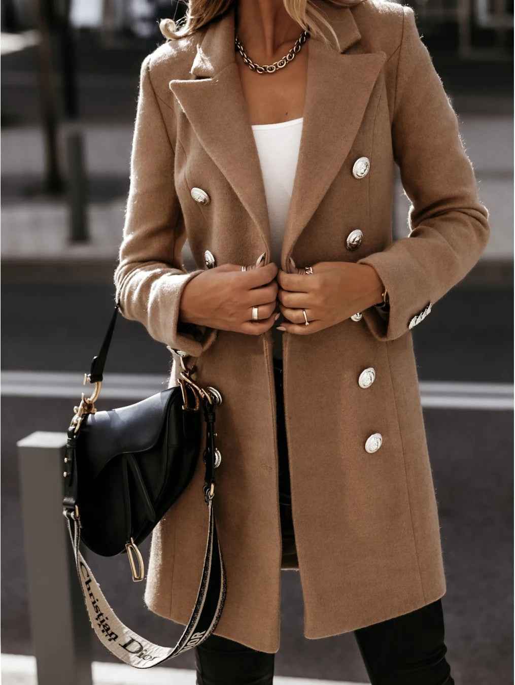 Women's Double-Breasted Tailored Coat with Metal Buttons and Long Sleeves Brown