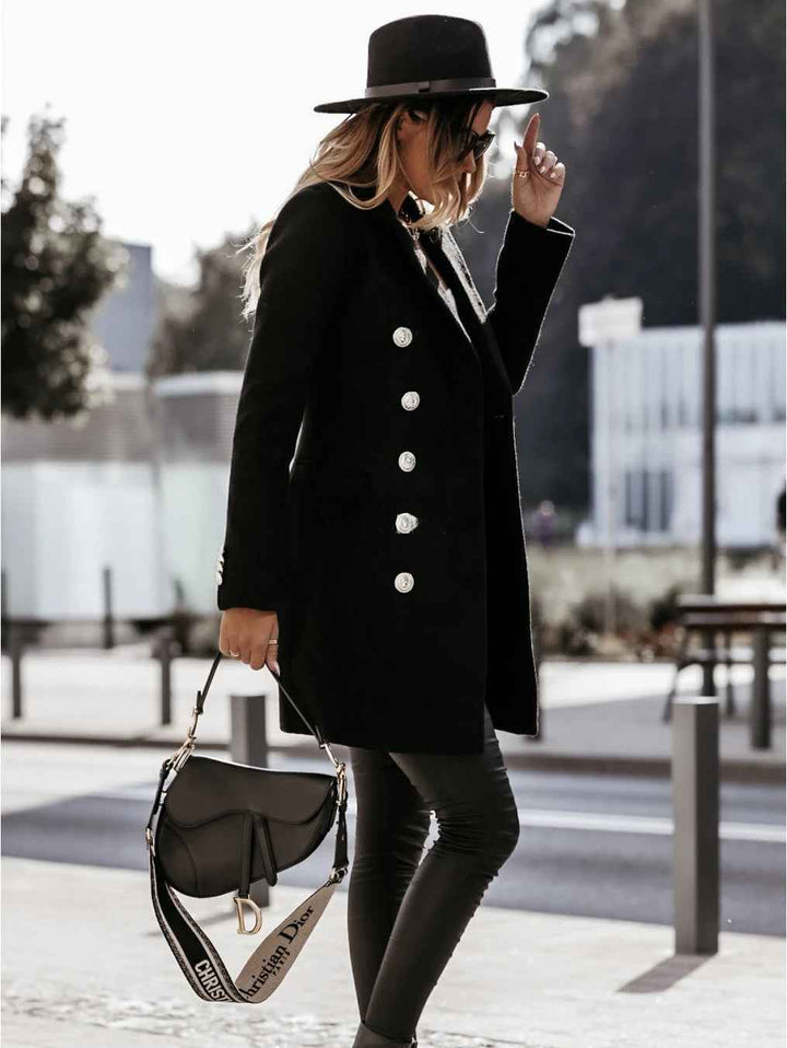 Women's Double-Breasted Tailored Coat with Metal Buttons and Long Sleeves