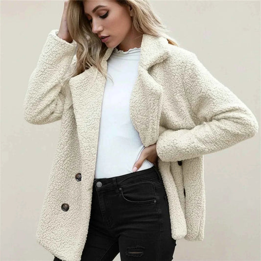 Women's Polyester Relaxed Fit Double-breasted Teddy Long Sleeve Coat