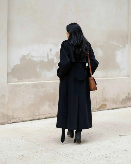 Women's Black Double Breasted Belted Waist Long Trench Coat