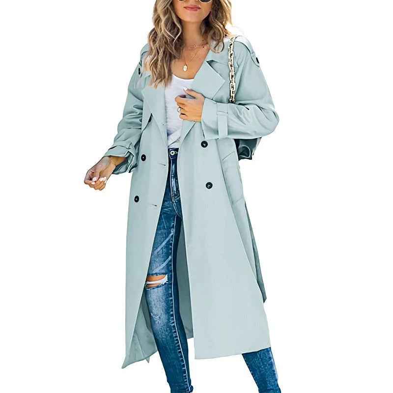 Women's Double-Breasted Trench Coat – Relaxed Fit – Long Length with Belt Light Blue