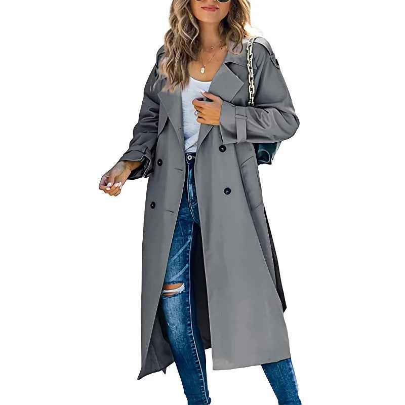 Women's Double-Breasted Trench Coat – Relaxed Fit – Long Length with Belt Grey