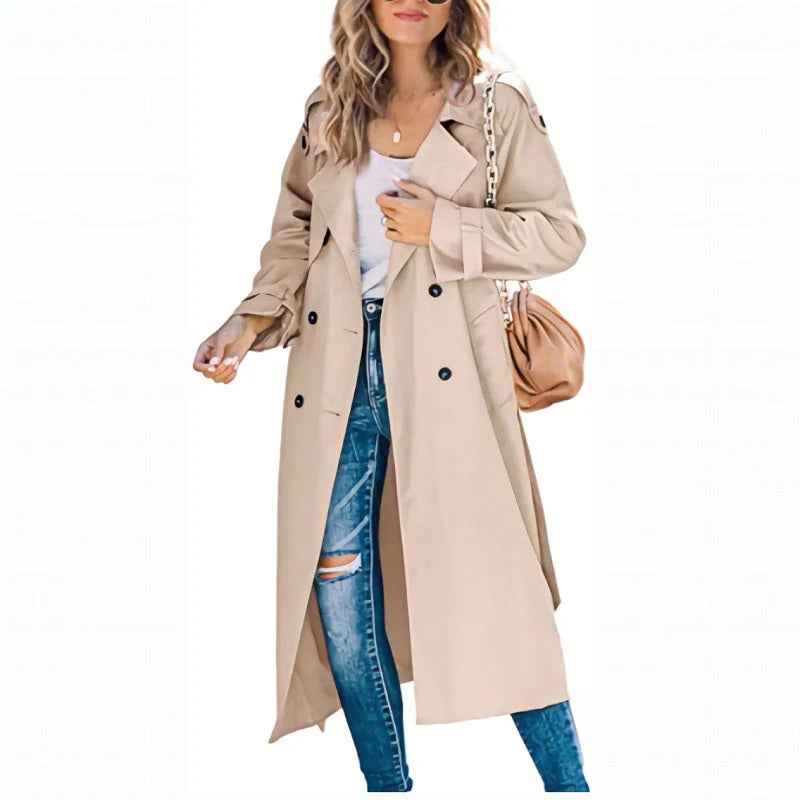Women's Double-Breasted Trench Coat – Relaxed Fit – Long Length with Belt Khaki