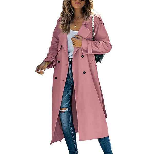 Women's Double-Breasted Trench Coat – Relaxed Fit – Long Length with Belt Pink