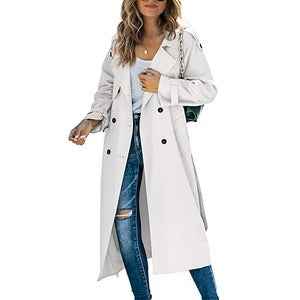 Women's Double-Breasted Trench Coat – Relaxed Fit – Long Length with Belt White