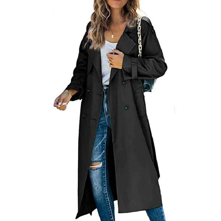 Women's Double-Breasted Trench Coat – Relaxed Fit – Long Length with Belt Black