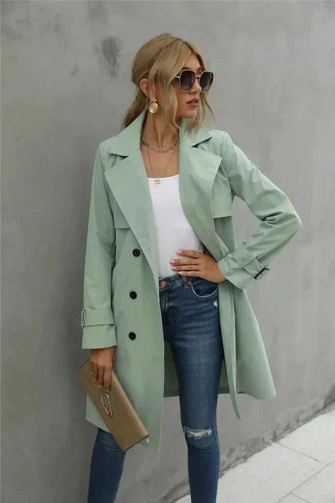 Women's Double-Breasted Trench Coat – Tailored Fit – Cotton Blend with Buckle-Detail Sleeves Green