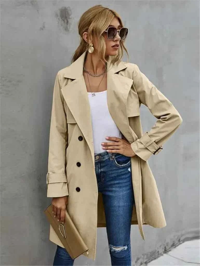 Women's Double-Breasted Trench Coat – Tailored Fit – Cotton Blend with Buckle-Detail Sleeves Khaki