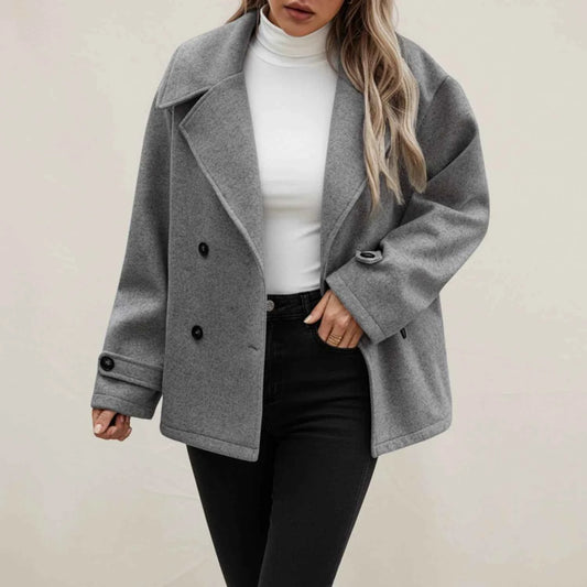 Women's Gray Double Breasted Notched Lapel Cropped Pea Coat