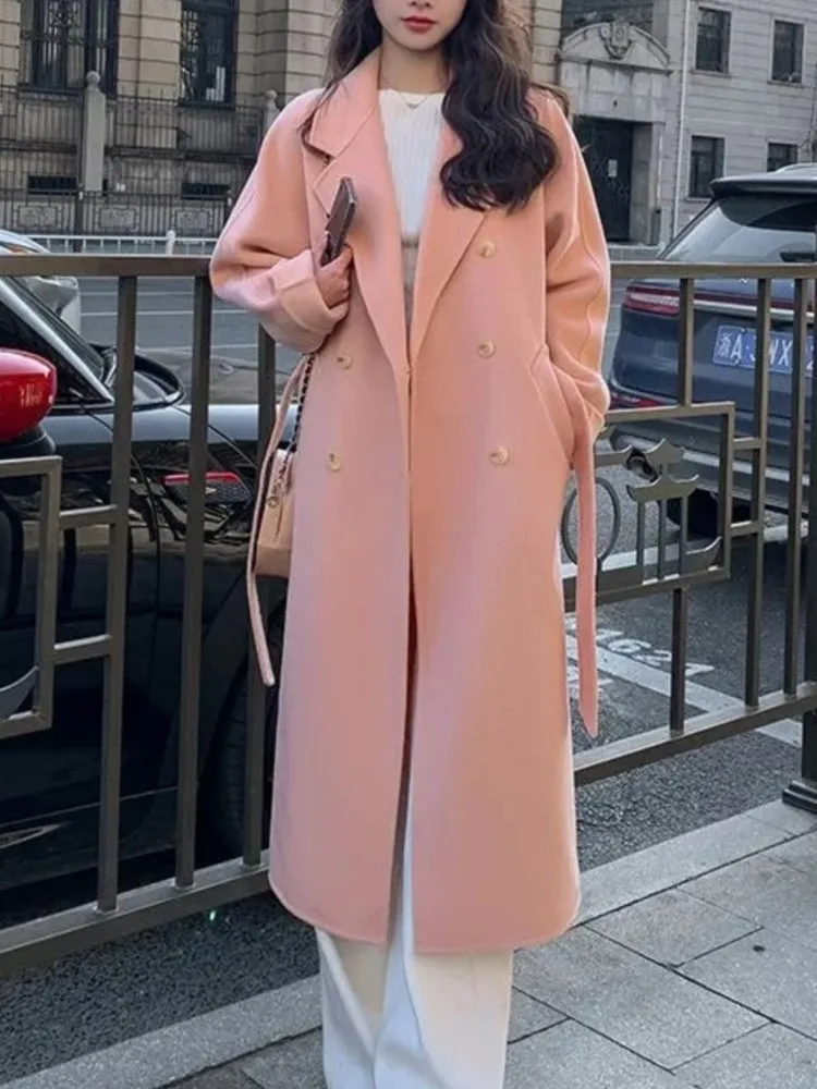 Women's Double-Breasted Wool Blend Long Overcoat with Belt - Loose Fit Pink