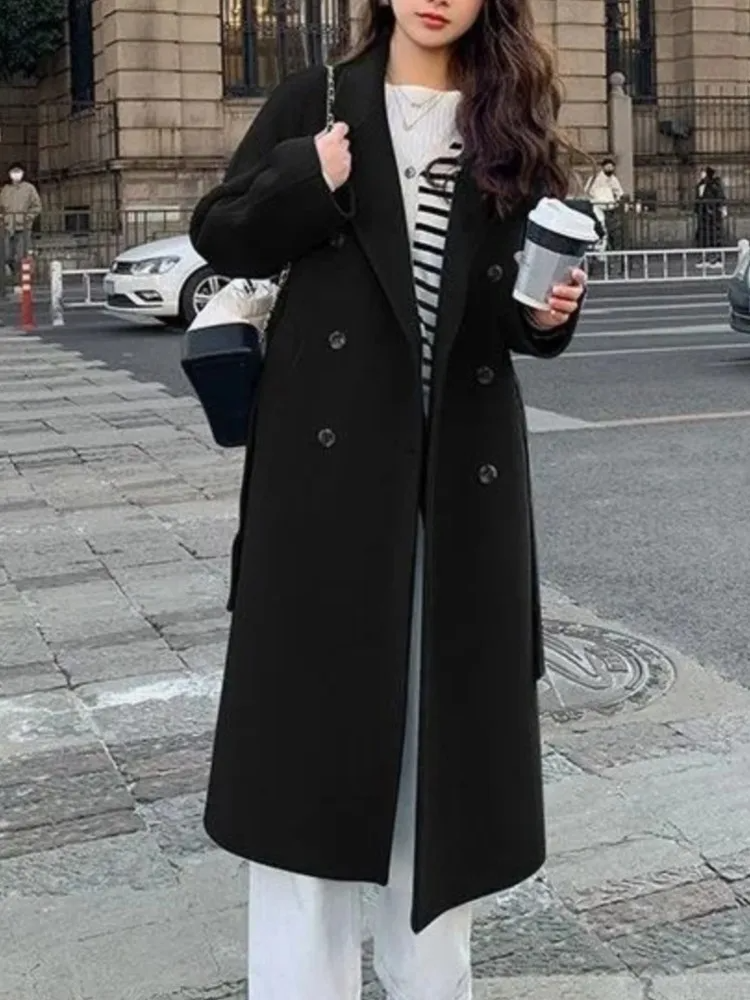 Women's Double-Breasted Wool Blend Long Overcoat with Belt - Loose Fit Black