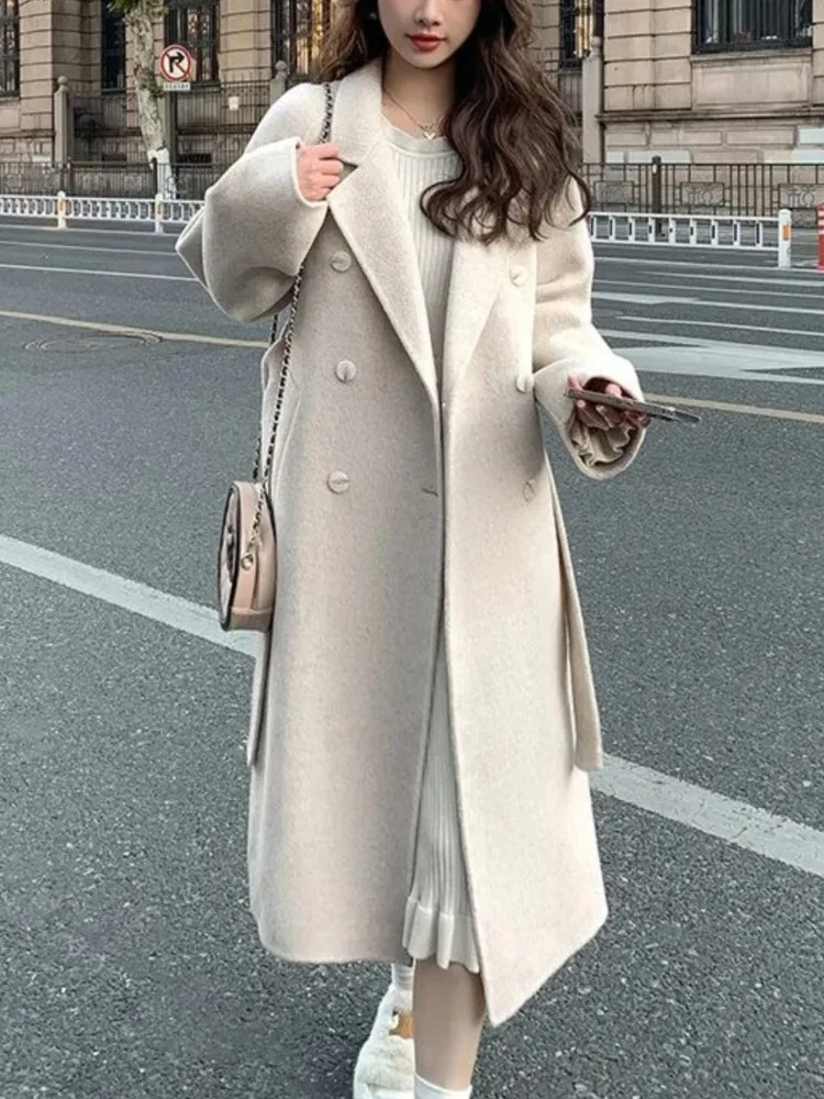 Women's Double-Breasted Wool Blend Long Overcoat with Belt - Loose Fit Beige