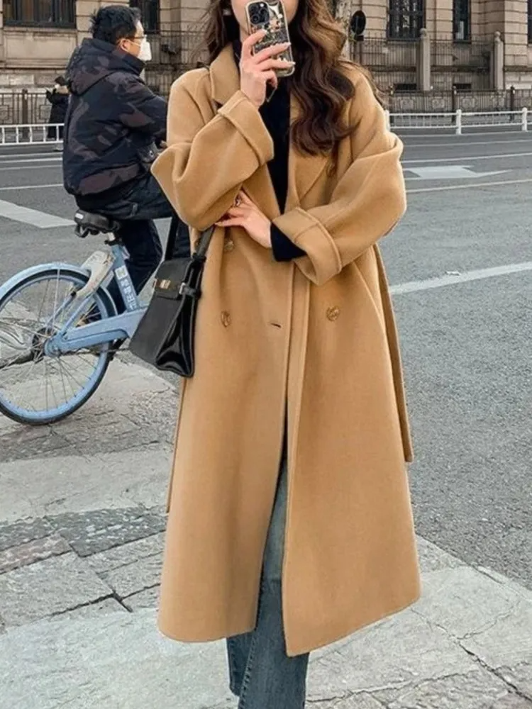 Women's Double-Breasted Wool Blend Long Overcoat with Belt - Loose Fit