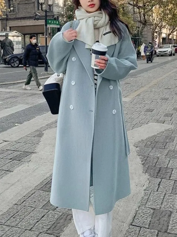 Women's Double-Breasted Wool Blend Long Overcoat with Belt - Loose Fit Blue