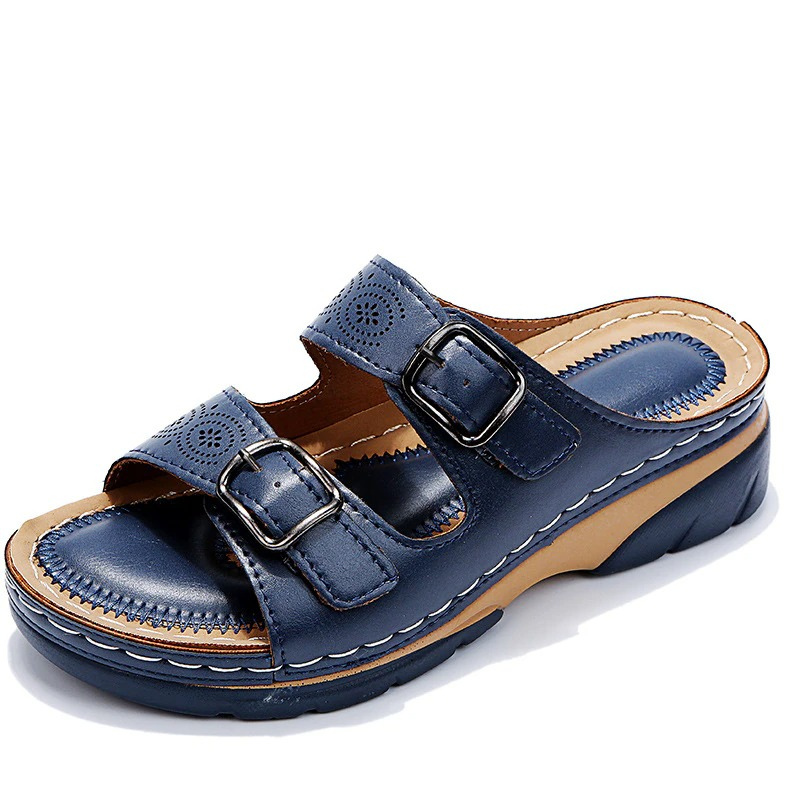 Women's Double Buckle Platform Sandals with Laser Cutouts