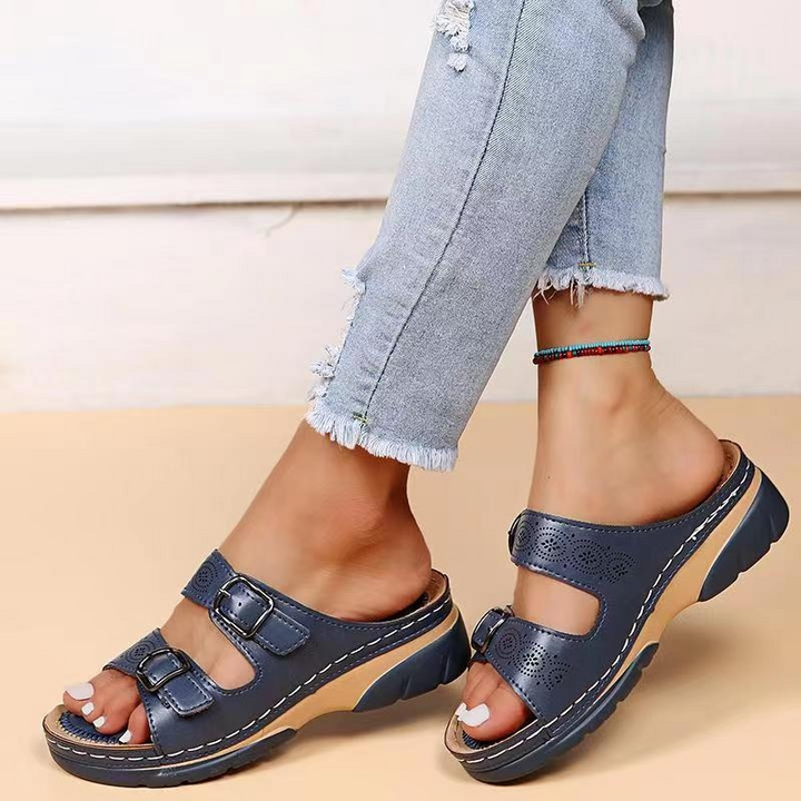 Women's Double Buckle Platform Sandals with Laser Cutouts Dark Blue