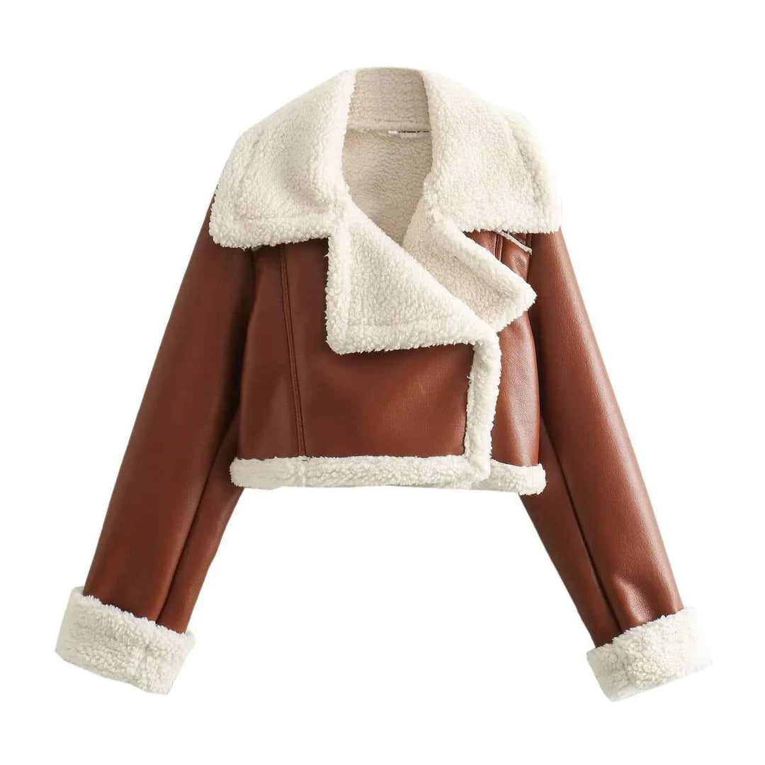 Women's Double-Sided Fur Fleece Short Jacket Brown