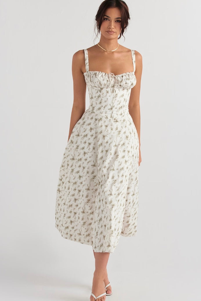 Women's Elegant A-line Midi Dress with Fitted Corset Top and Split