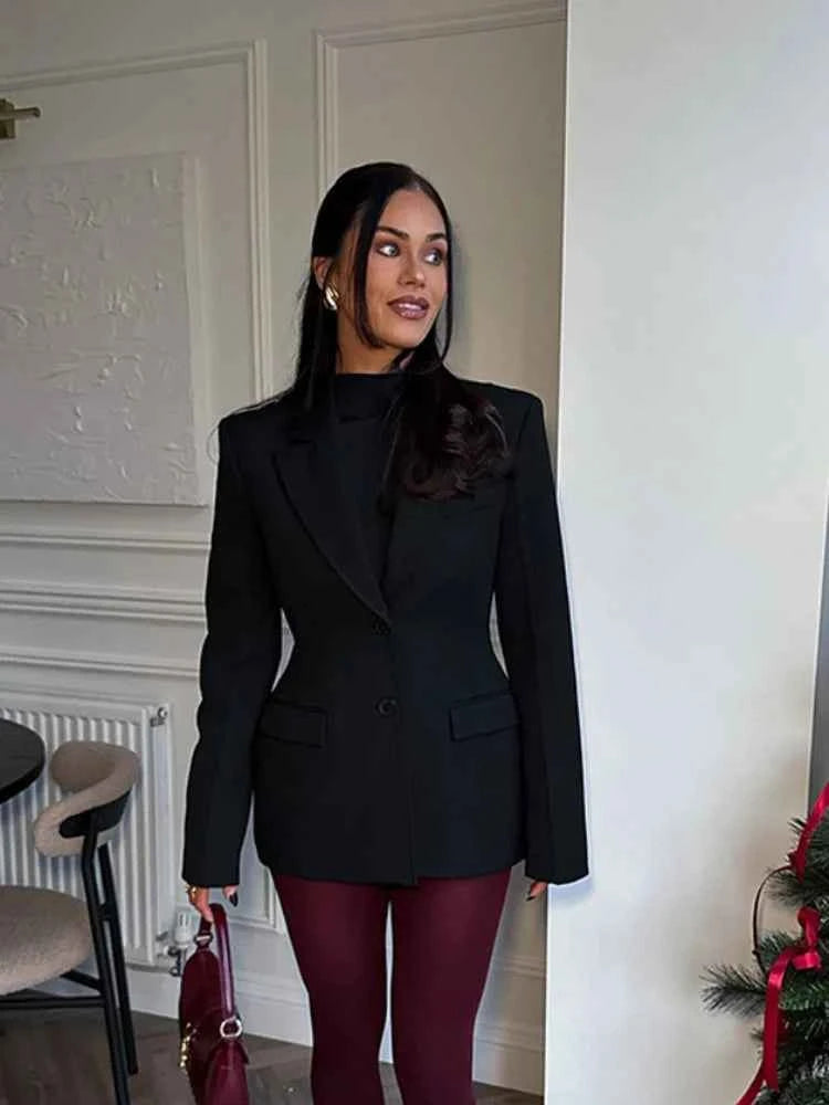 Women's Elegant Black Blazer Overcoat - High Waist with Buttons