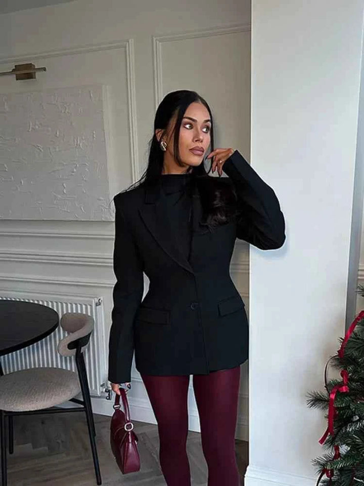 Women's Elegant Black Blazer Overcoat - High Waist with Buttons
