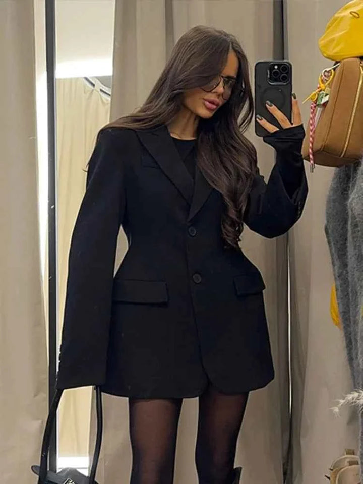 Women's Elegant Black Blazer Overcoat - High Waist with Buttons Black