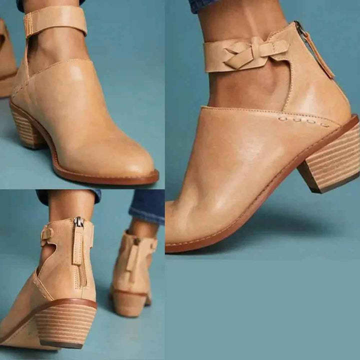 Women's Elegant Block Heel Ankle Boots – Versatile Style Beige