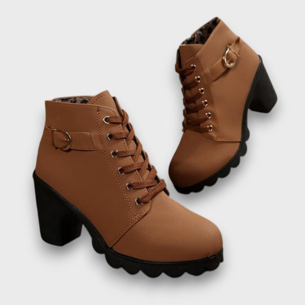 Women's Stylish Buckle Lace-Up Ankle Boots Brown