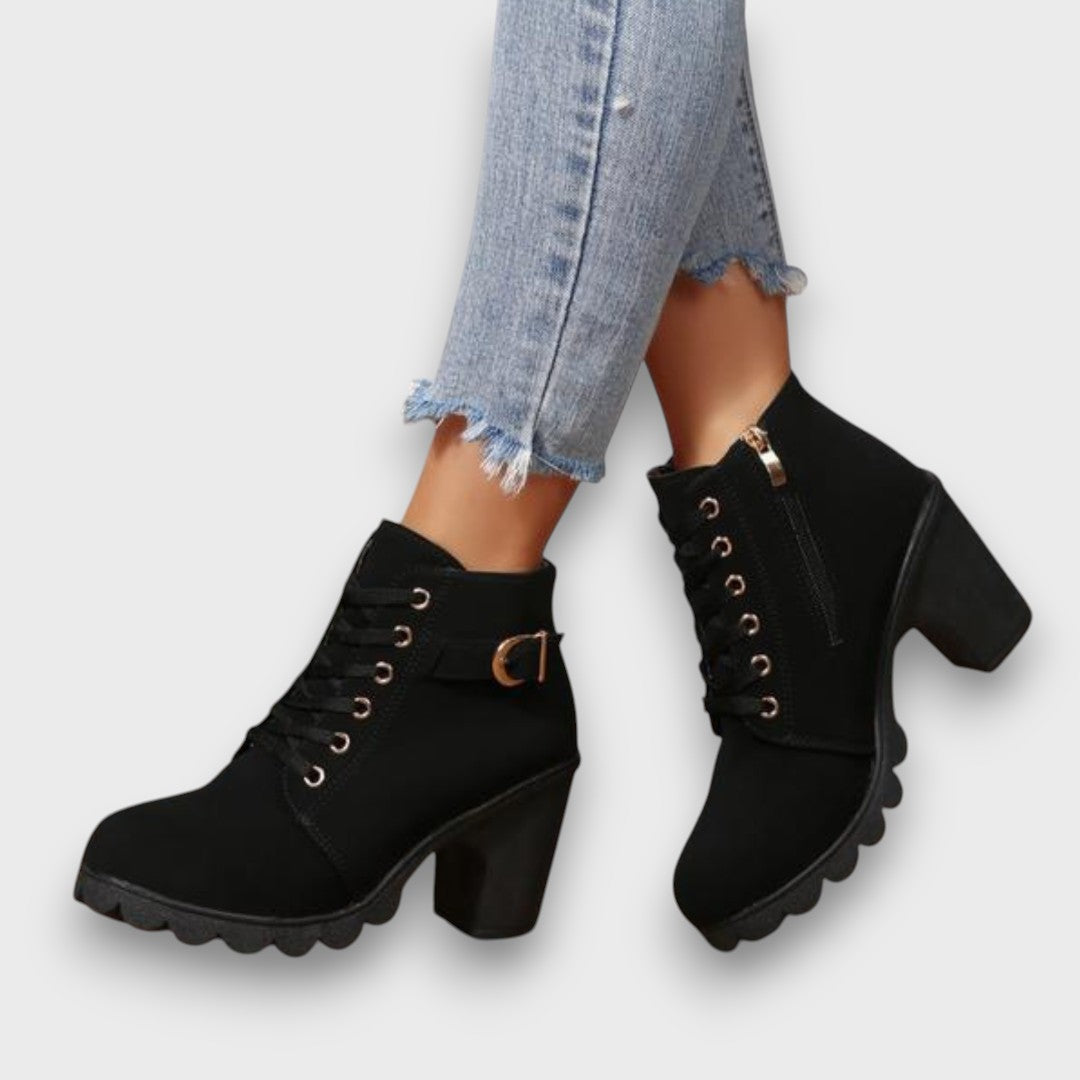 Women's Stylish Buckle Lace-Up Ankle Boots Black