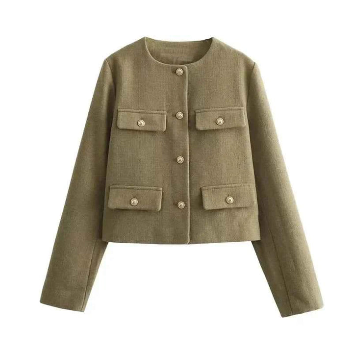 Women's Elegant Cropped Jacket with Buttons Khaki