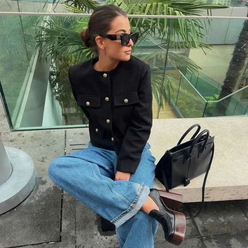 Women's Elegant Cropped Jacket with Buttons