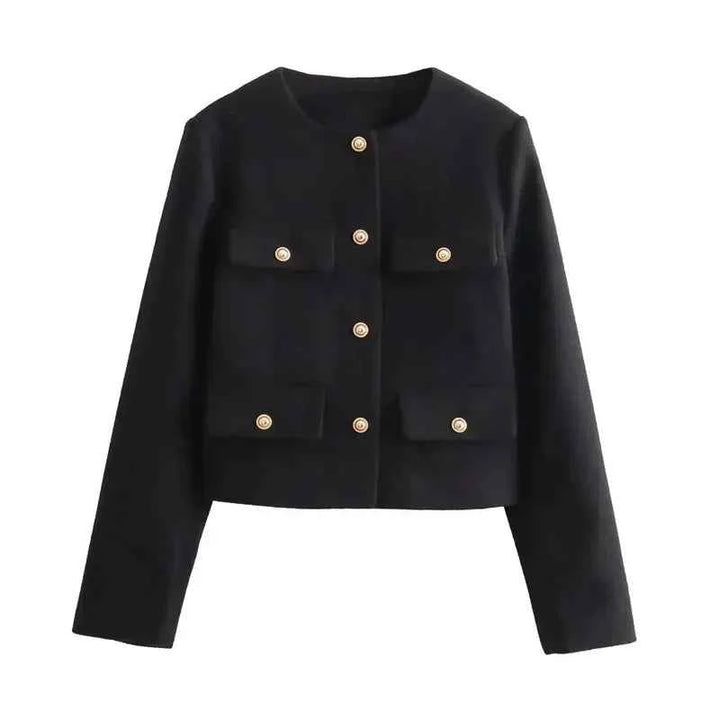 Women's Elegant Cropped Jacket with Buttons Black