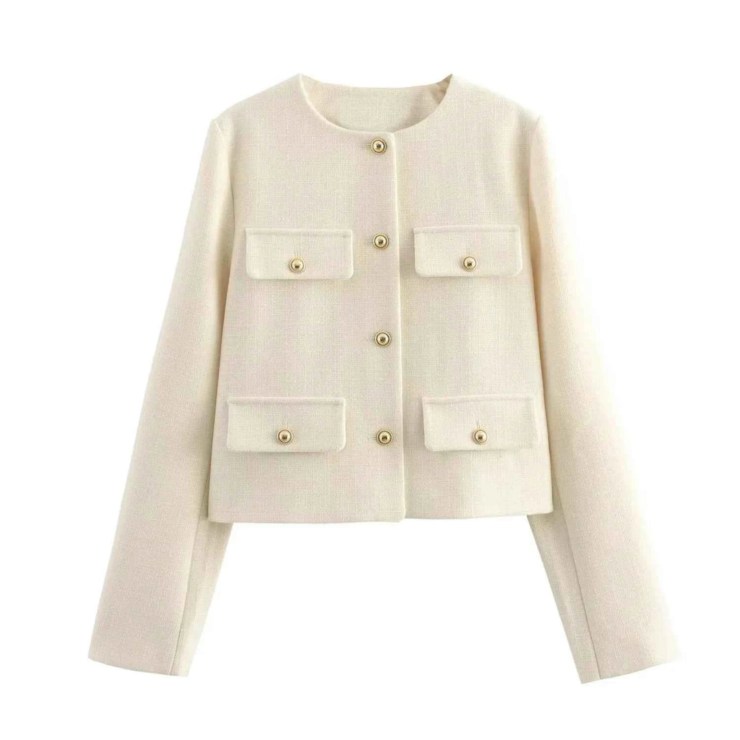 Women's Elegant Cropped Jacket with Buttons Beige