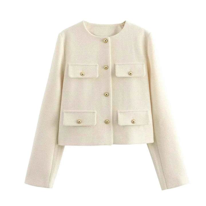 Women's Elegant Cropped Jacket with Buttons Beige
