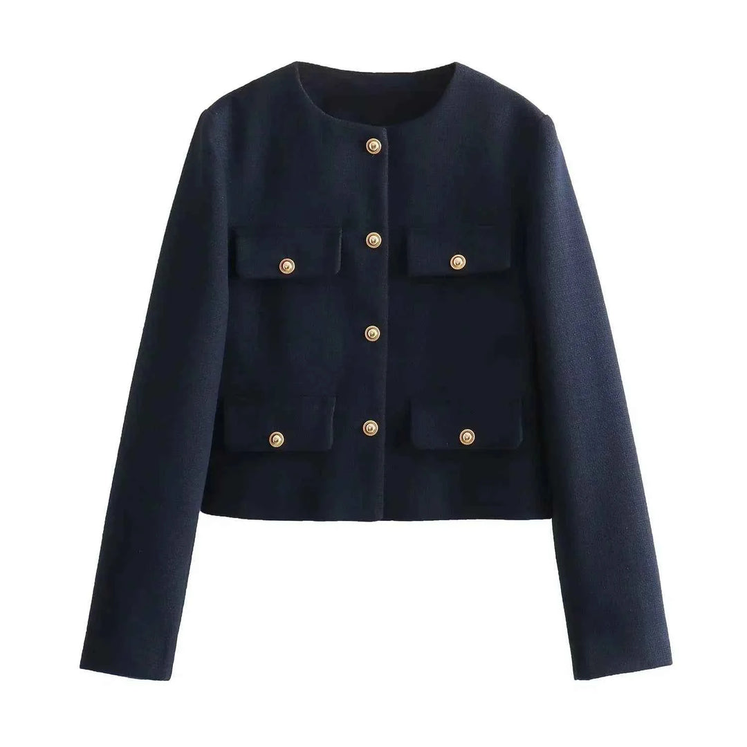 Women's Elegant Cropped Jacket with Buttons Navy Blue