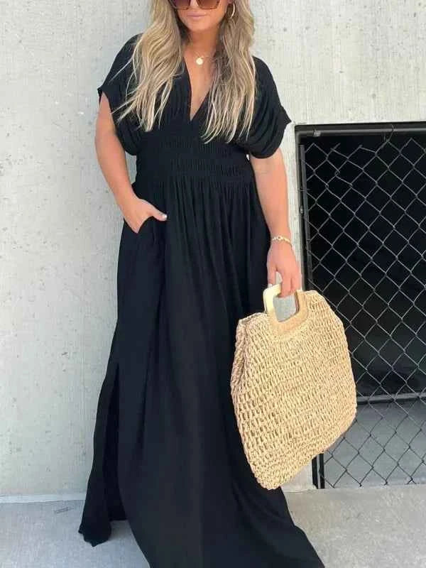Women's Elegant Deep V-Neck Maxi Dress - Tailored Fit with Split Skirt